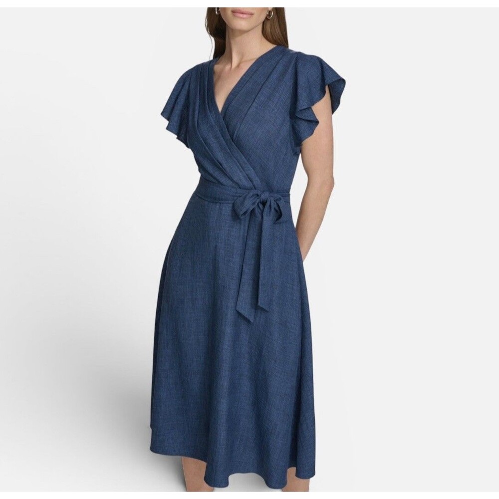 NWT DKNY Classic Blue Flutter Sleeve Midi Dress Tie Belt Women’s Size 4 $129 NEW